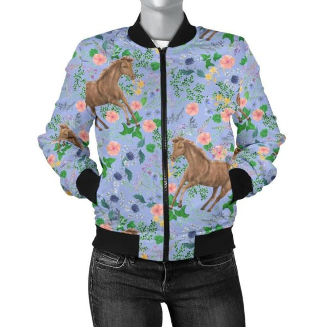 FUNSTUFFPRINT Equestrian Floral Pattern Print Women Casual 3D Bomber Jacket