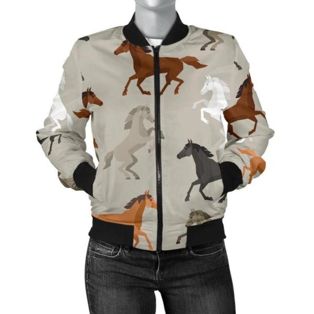 FUNSTUFFPRINT Equestrian Pattern Print Women Casual 3D Bomber Jacket