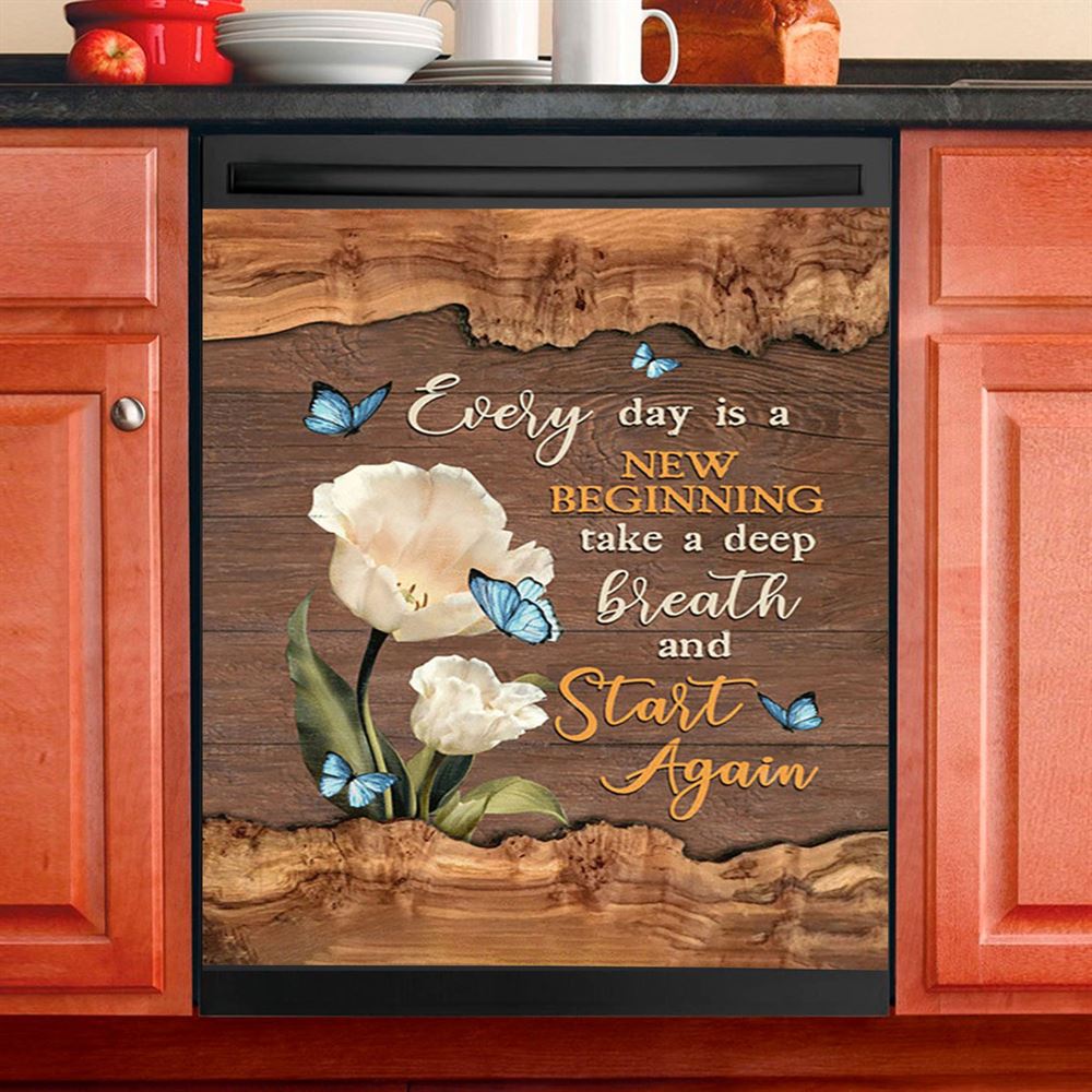 Every Day Is A New Beginning Blue Butterfly White Tulip Dishwasher Cover, Bible Verse Dishwasher Magnet Cover, Christian Inspirational Kitchen Decor