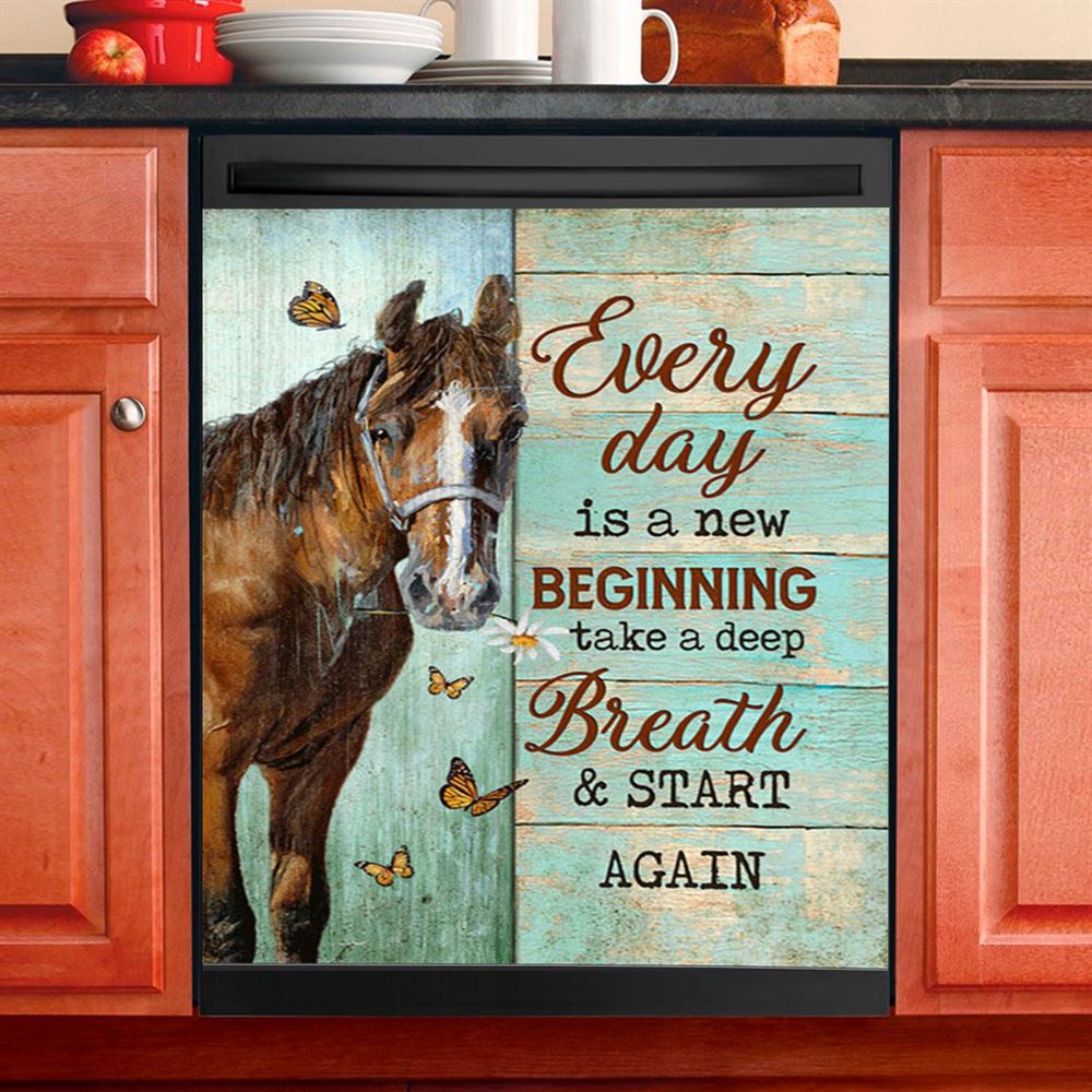 Every Day Is A New Beginning Brown Horse Monarch Butterfly Dishwasher Cover, Christian Dishwasher Magnet Cover