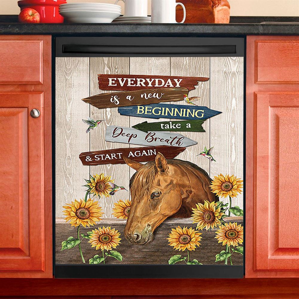 Everyday Is A New Beginning Horse Sunflower Garden Hummingbird Dishwasher Cover, Christian Dishwasher Magnet Cover