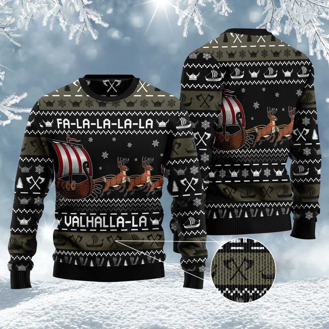 FUNSTUFFPRINT Fa-La-La-Valhalla Viking Ship Ugly Christmas Sweater, Christmas Sweater, Ugly Sweater, Funny Xmas Sweaters Ugly Sweater