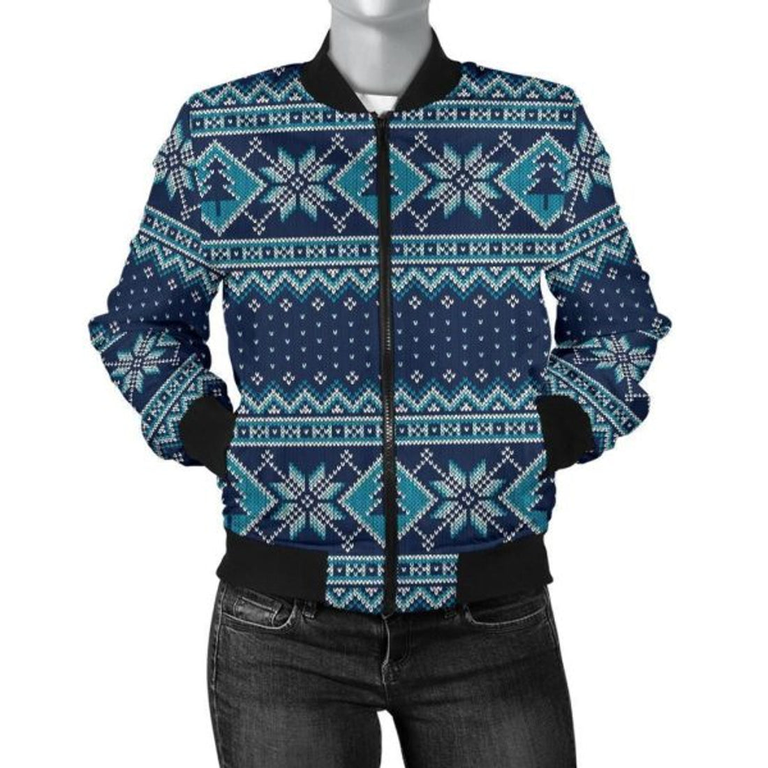 FUNSTUFFPRINT Fairisle Christmas Pattern Print Women Casual 3D Bomber Jacket