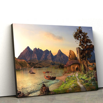 Fairy Tale Landscape House to the Mountain Canvas Wall Art - Canvas Wall Decor - Home Decor Living Room