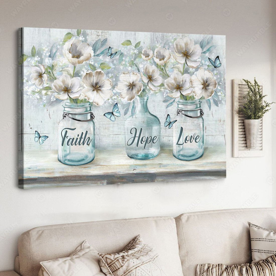 Faith Hope Love, Butterfly Flower, Wall Art Decor Poster and Canvas