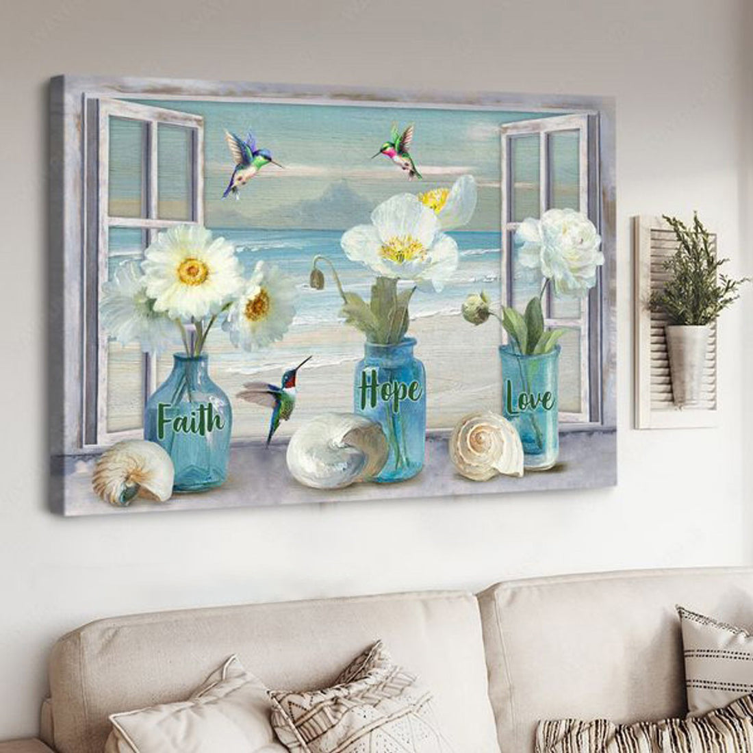 Faith Hope Love, Hummingbird Flower, Window Poster Poster and Canvas