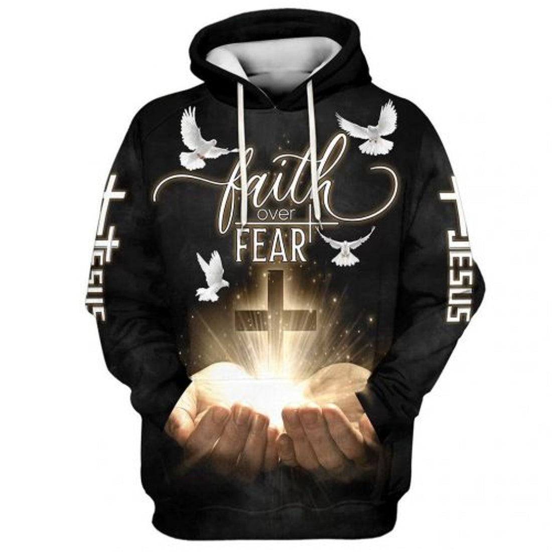 FUNSTUFFPRINT Faith Over Fear Jesus Gods Hand Christian Cross 3D Hoodie and Zip Hoodie