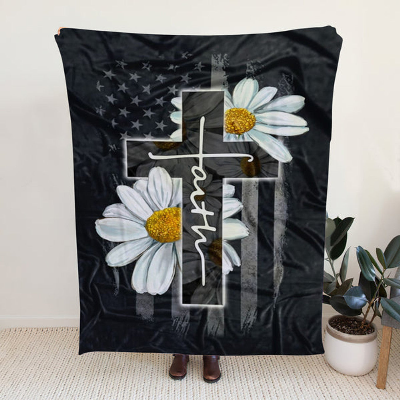 FUNSTUFFPRINT Sherpa Fleece Blanket - Faith Cross Daisy Christian Blanket
