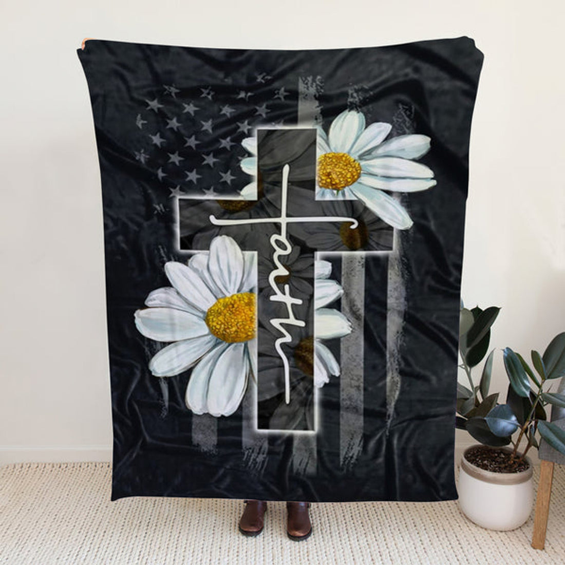 FUNSTUFFPRINT Sherpa Fleece Blanket - Faith Cross Daisy Christian Blanket