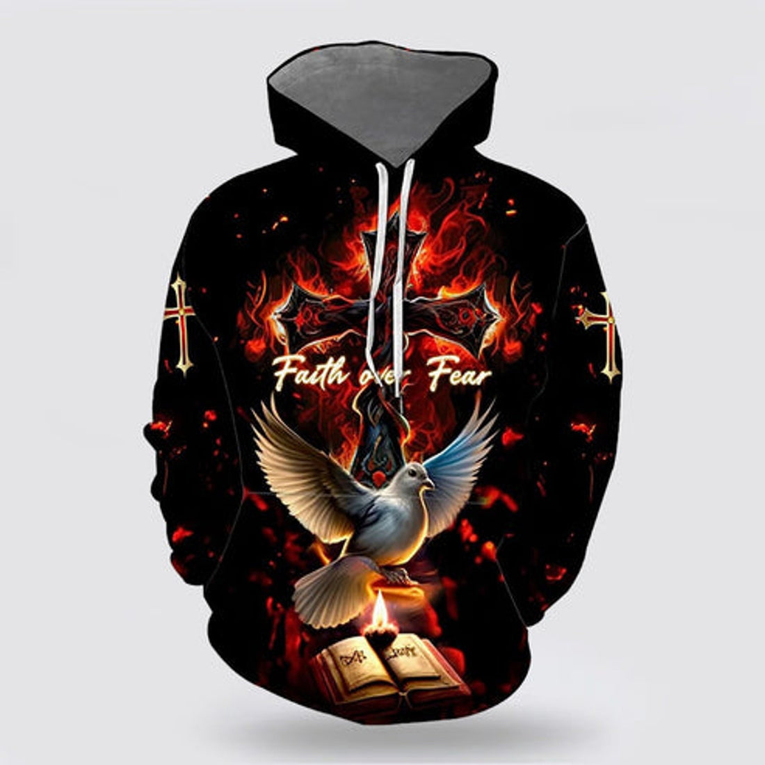 FUNSTUFFPRINT 3D Faith Over Fear Dove Cross Bible 3D Hoodie and Zip Hoodie