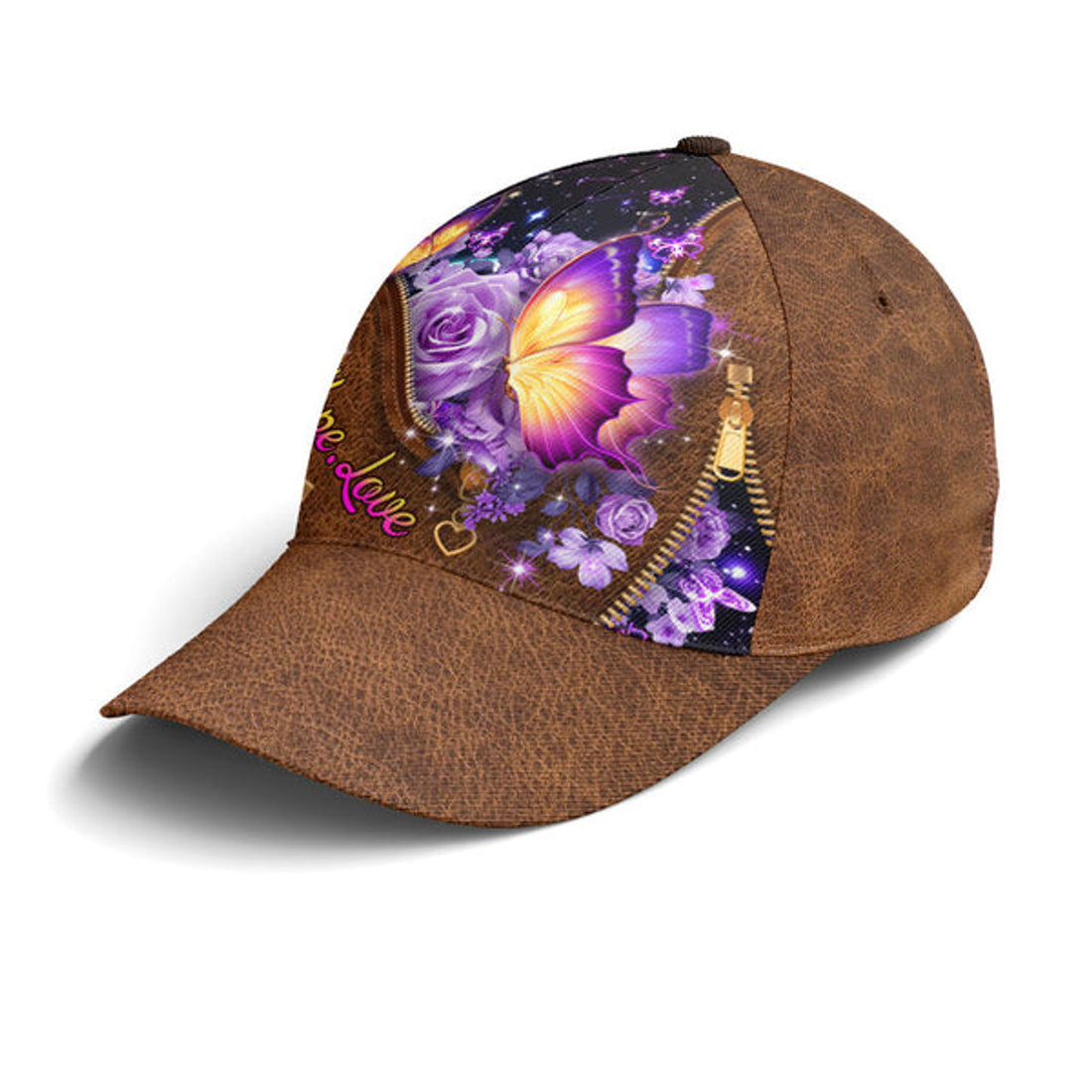 FUNSTUFFPRINT Faith Hope Love Magical Butterfly Purple Roses Leather Style Baseball Cap