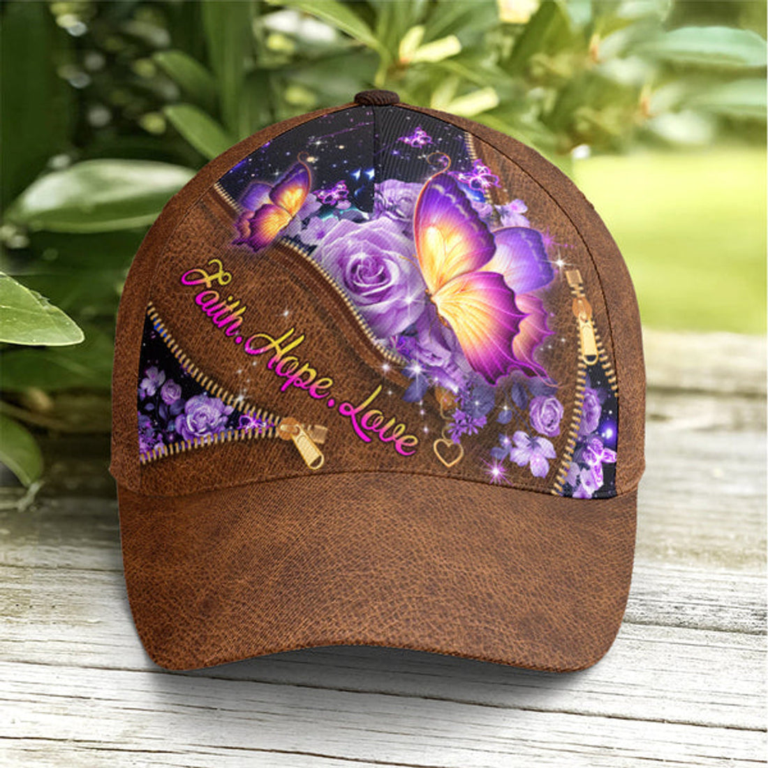 FUNSTUFFPRINT Faith Hope Love Magical Butterfly Purple Roses Leather Style Baseball Cap