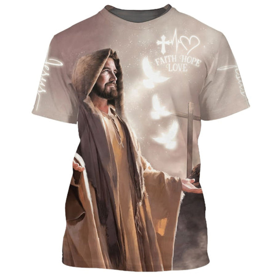 FUNSTUFFPRINT Faith Hope Love Shirts - Jesus Arms Wide Open Christian 3D T-shirt