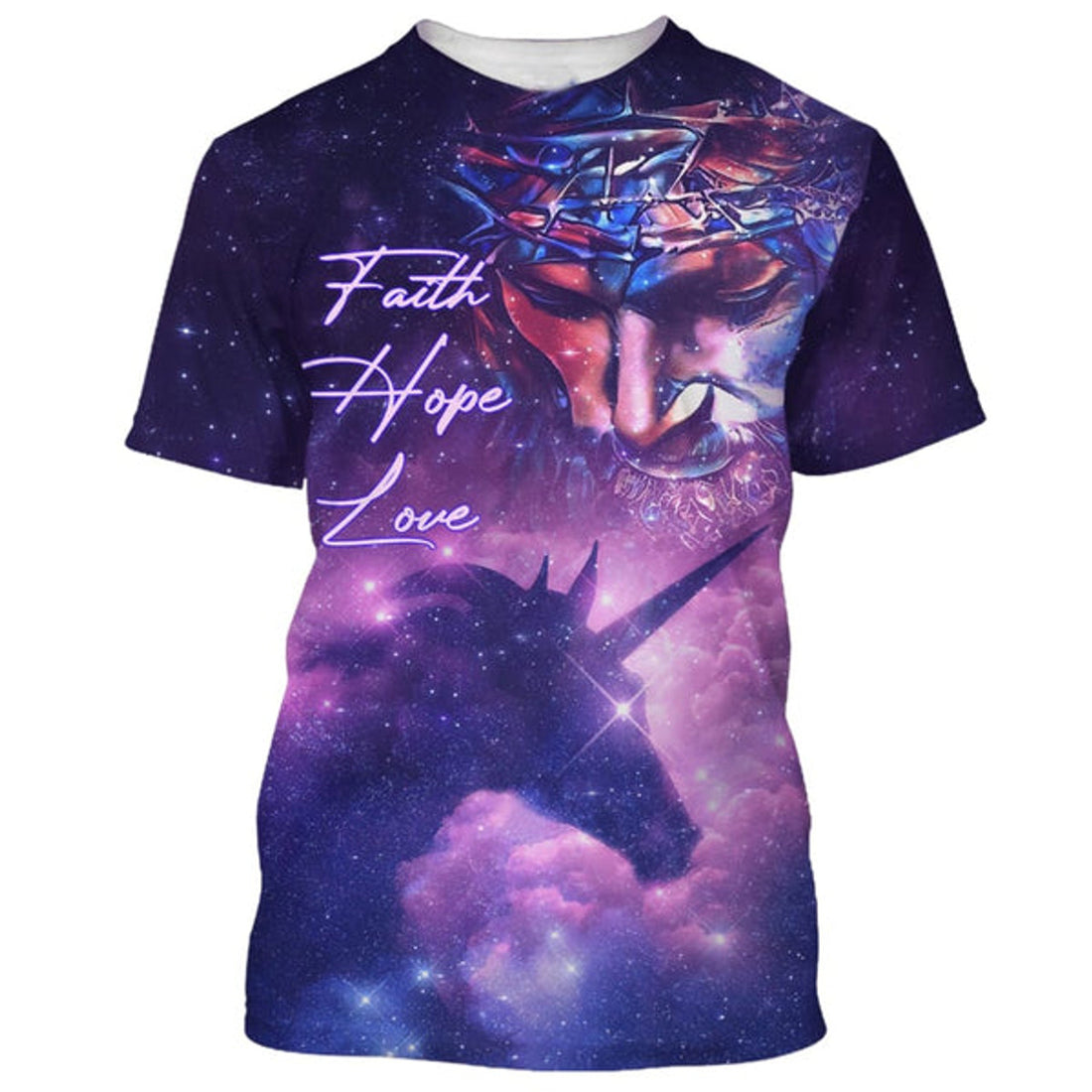 FUNSTUFFPRINT Faith Hope Love Shirts - Jesus Unicorn Galaxy Christian 3D T-shirt