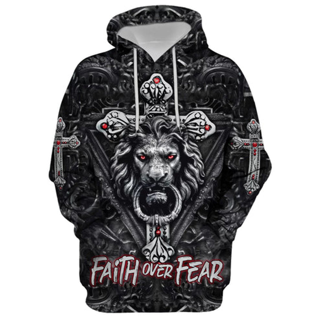 FUNSTUFFPRINT 3D Faith Over Fear - Gothic Lion Black 3D Hoodie and Zip Hoodie