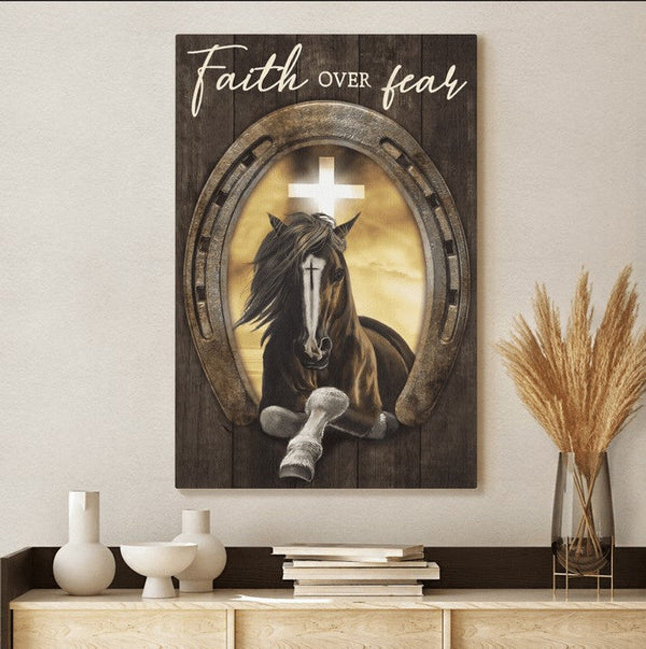 Faith Over Fear Canvas - Jesus Horses Cross Canvas Posters - Christian Wall Posters - Religious Wall Decor