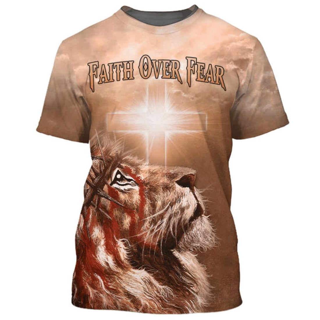 FUNSTUFFPRINT Faith Over Fear Cross Lion Christian 3D T-shirt