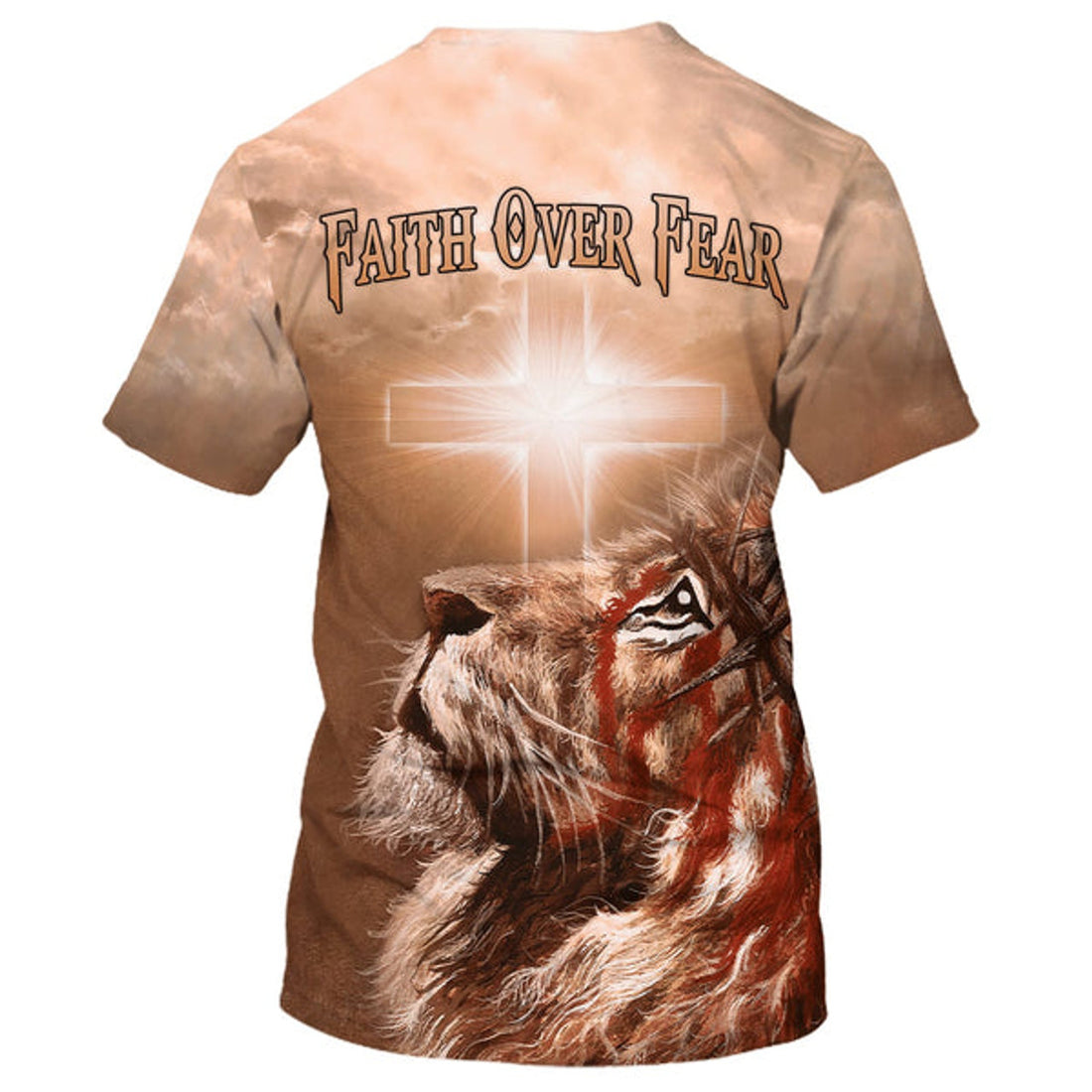 FUNSTUFFPRINT Faith Over Fear Cross Lion Christian 3D T-shirt