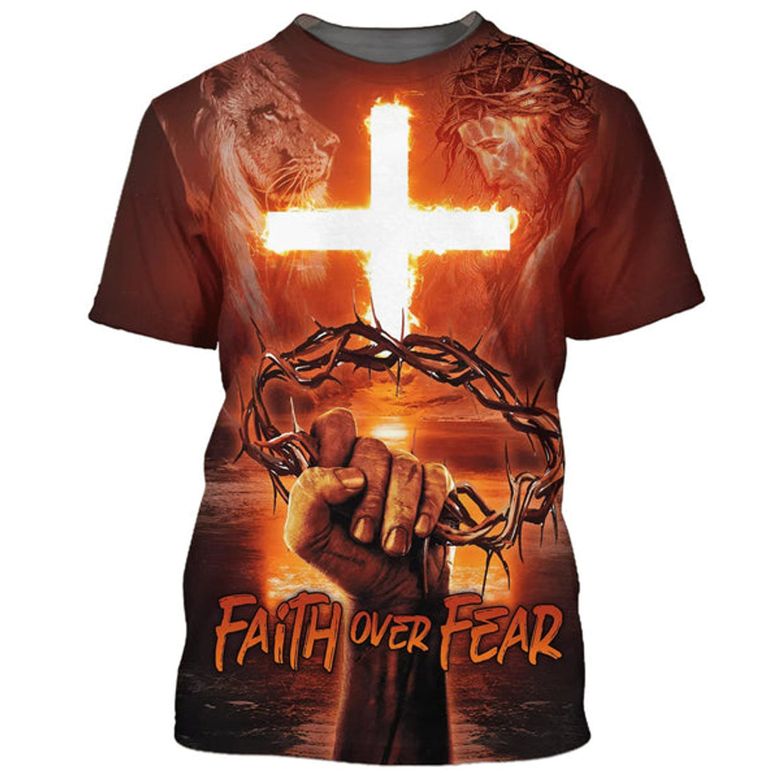 FUNSTUFFPRINT Faith Over Fear Crown Of Thorns Cross Fire 3D All Over Printed Shirt for Men and Women 3D T-shirt