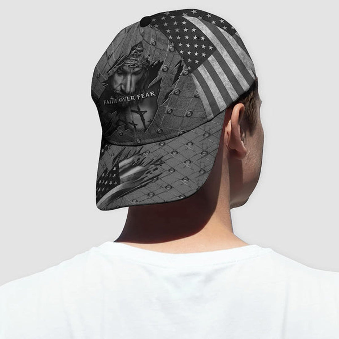 FUNSTUFFPRINT Faith Over Fear God With Cross And American Flag All Over Print Baseball Cap - Christian Hats For Men Women