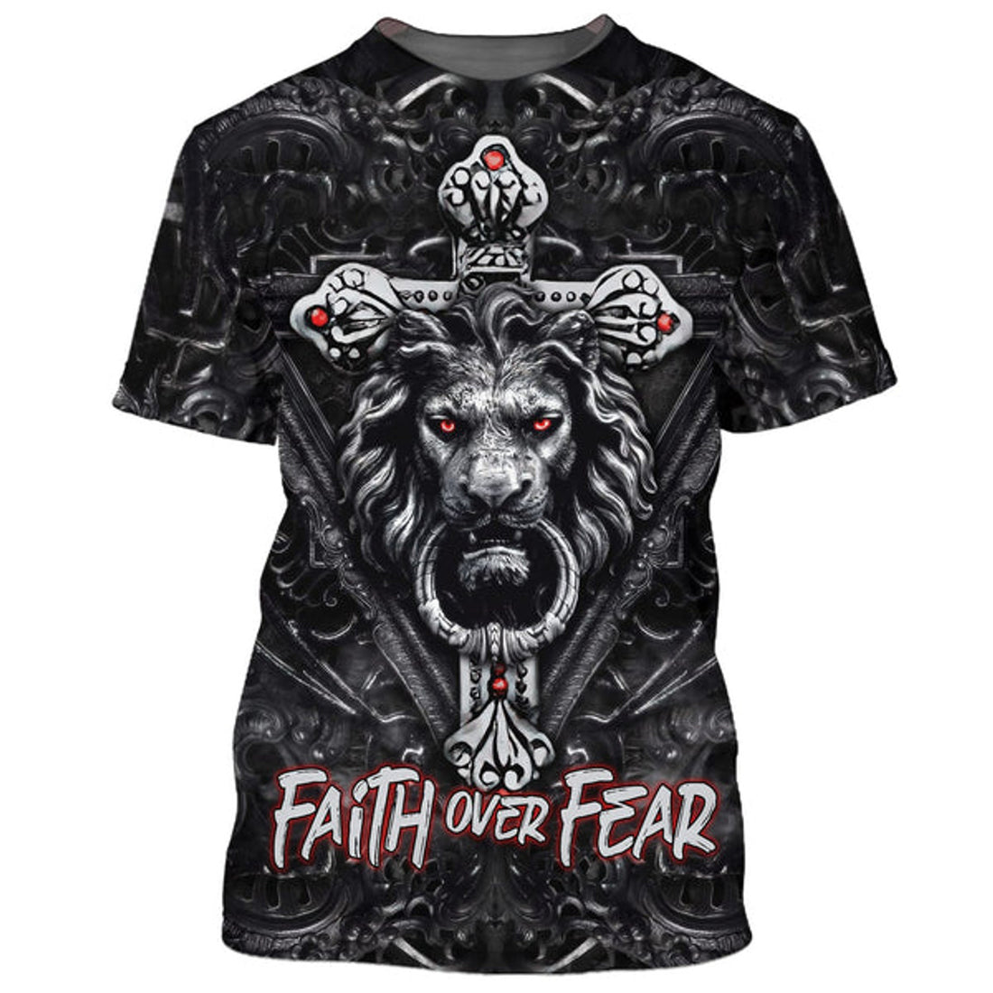 FUNSTUFFPRINT Faith Over Fear Gothic Lion Black 3D All Over Printed Shirt for Men and Women 3D T-shirt