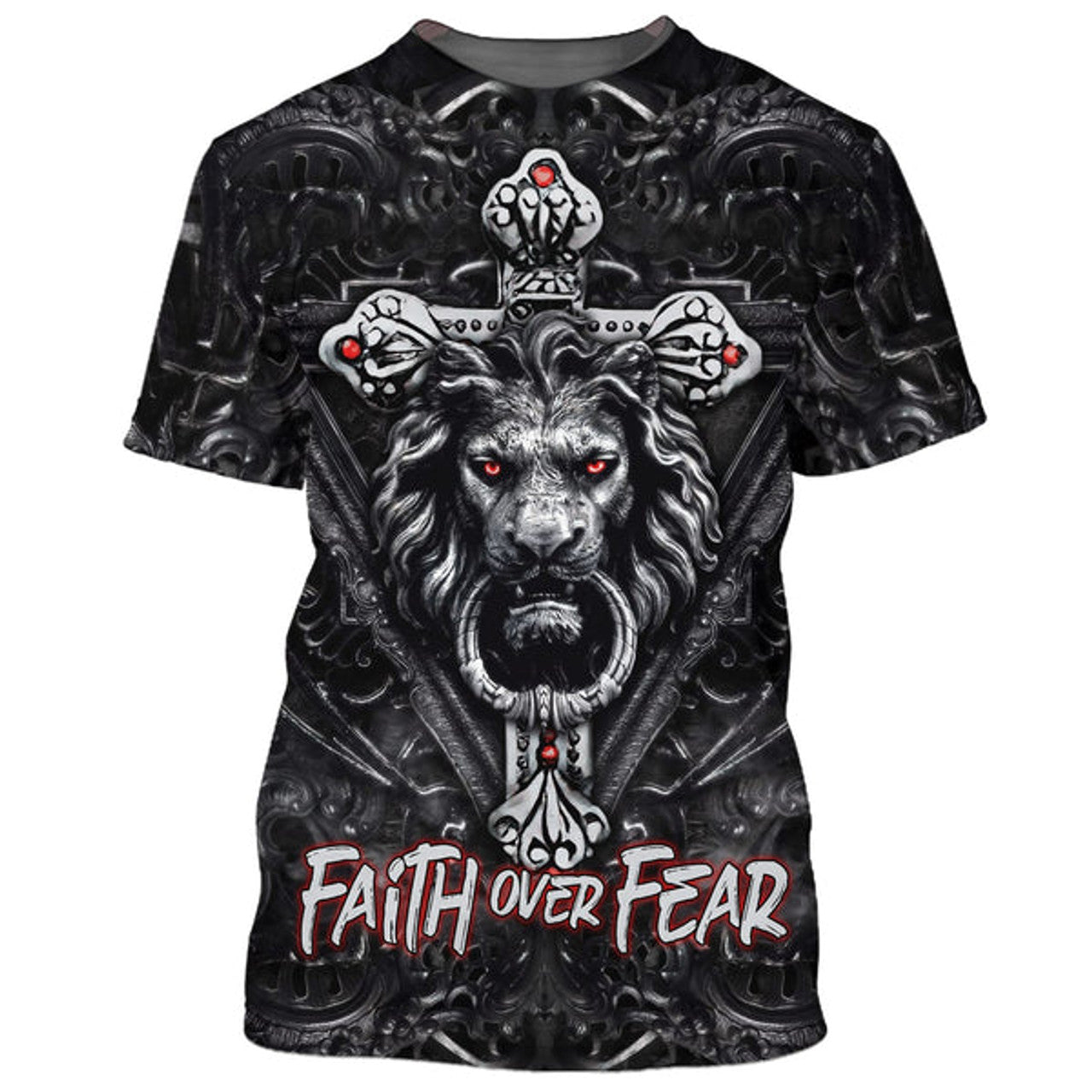 FUNSTUFFPRINT Faith Over Fear Gothic Lion Black 3D All Over Printed Shirt for Men and Women 3D T-shirt