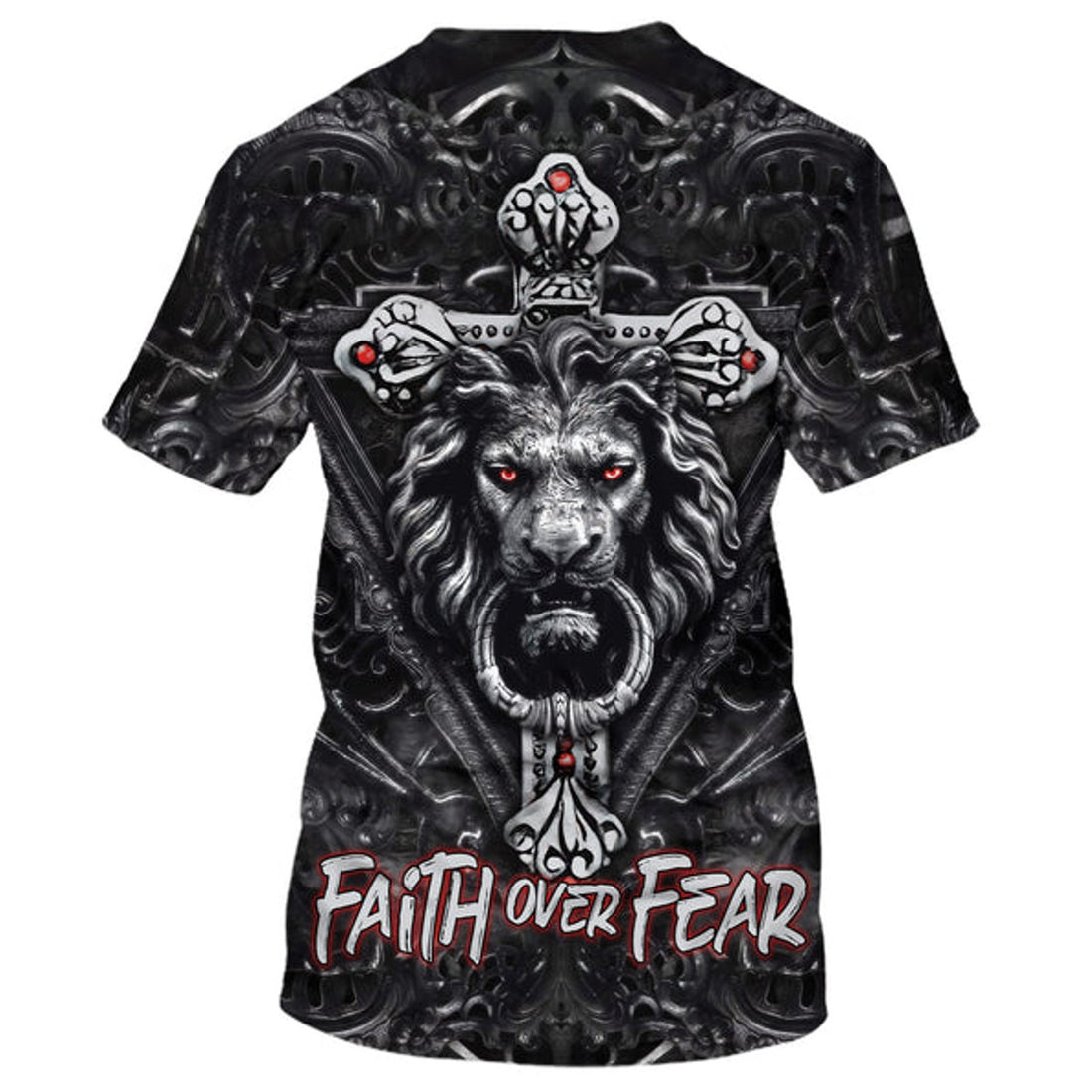 FUNSTUFFPRINT Faith Over Fear Gothic Lion Black 3D All Over Printed Shirt for Men and Women 3D T-shirt