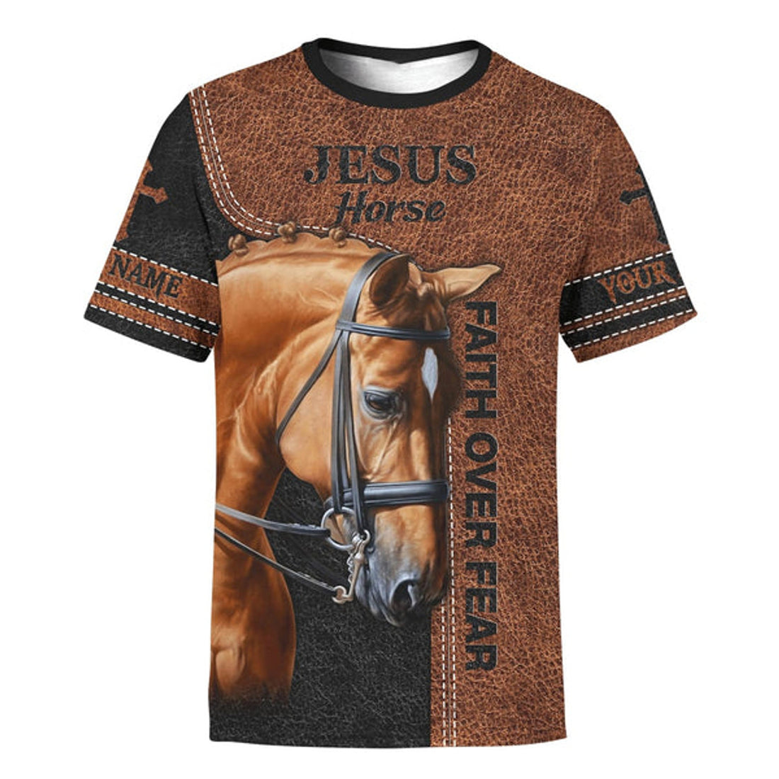 FUNSTUFFPRINT Faith Over Fear Jesus And Horse Customized Shirt - Christian 3d Shirts For Men Women - Custom Name 3D T-shirt