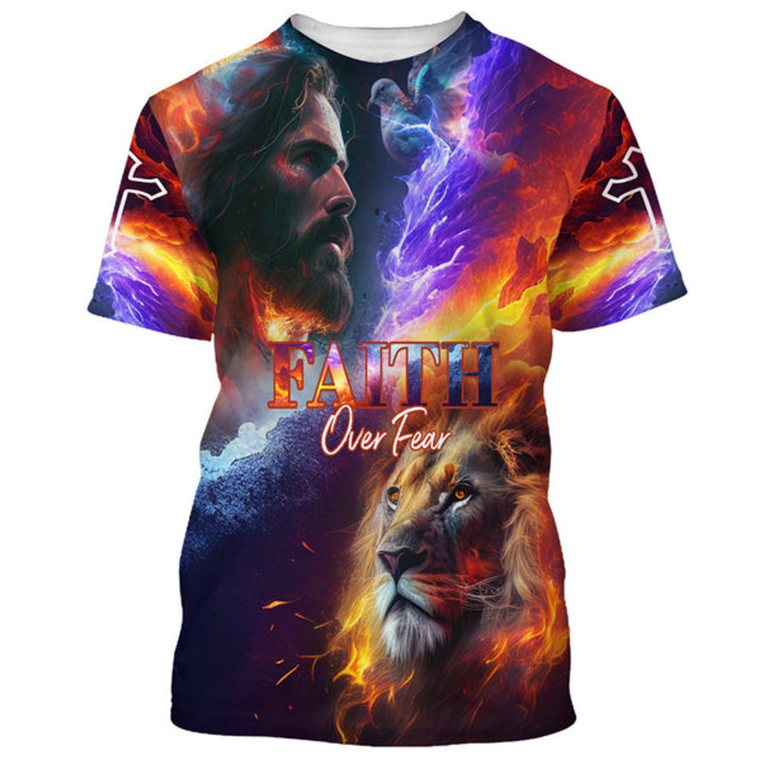 FUNSTUFFPRINT Faith Over Fear Jesus And Lion Christian 3D T-shirt