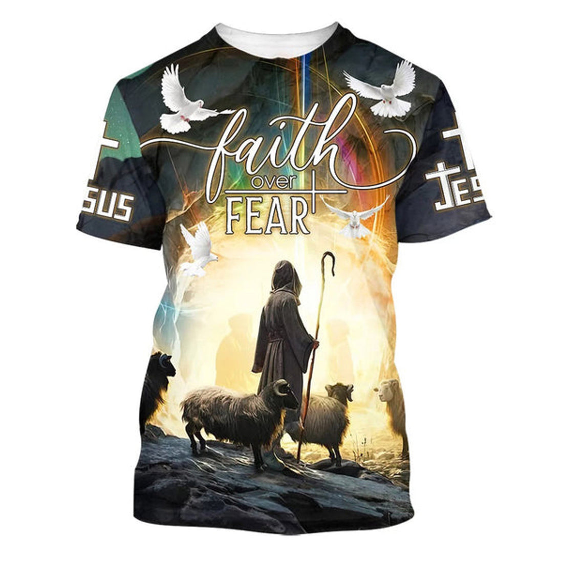 FUNSTUFFPRINT Faith Over Fear Jesus And Sheep Christian 3D T-shirt