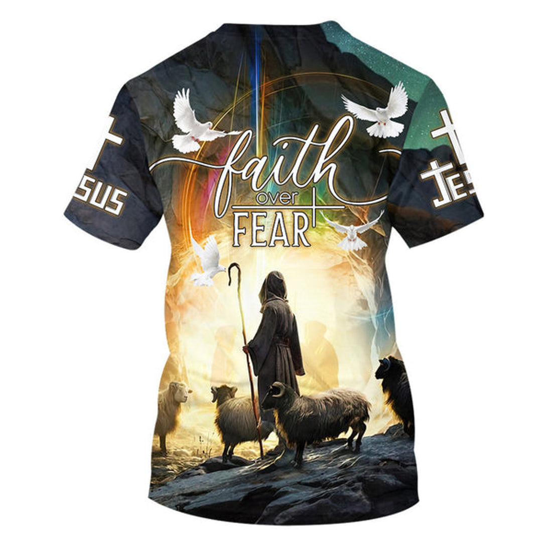 FUNSTUFFPRINT Faith Over Fear Jesus And Sheep Christian 3D T-shirt