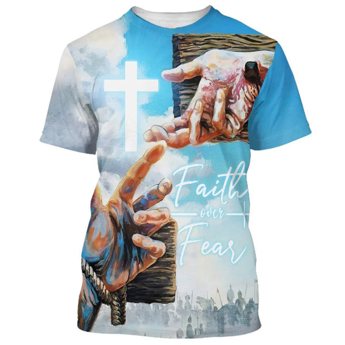 FUNSTUFFPRINT Faith Over Fear Jesus Hands Christian 3D T-shirt