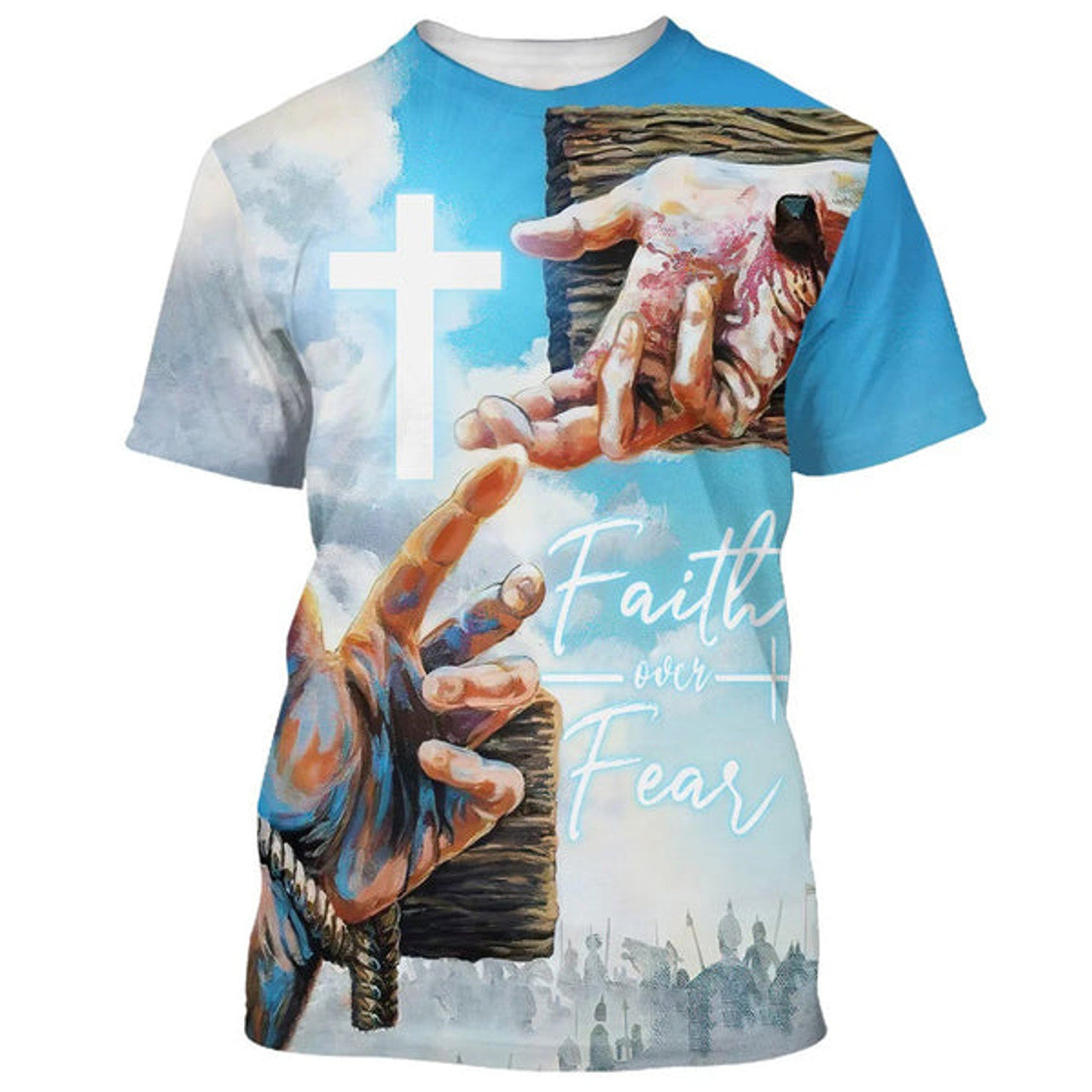 FUNSTUFFPRINT Faith Over Fear Jesus Hands Christian 3D T-shirt