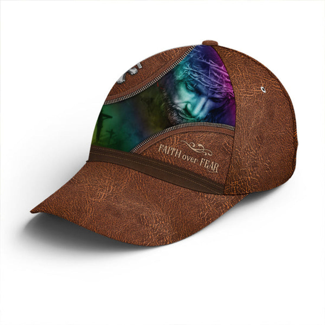 FUNSTUFFPRINT Faith Over Fear Jesus Leather Style Baseball Cap