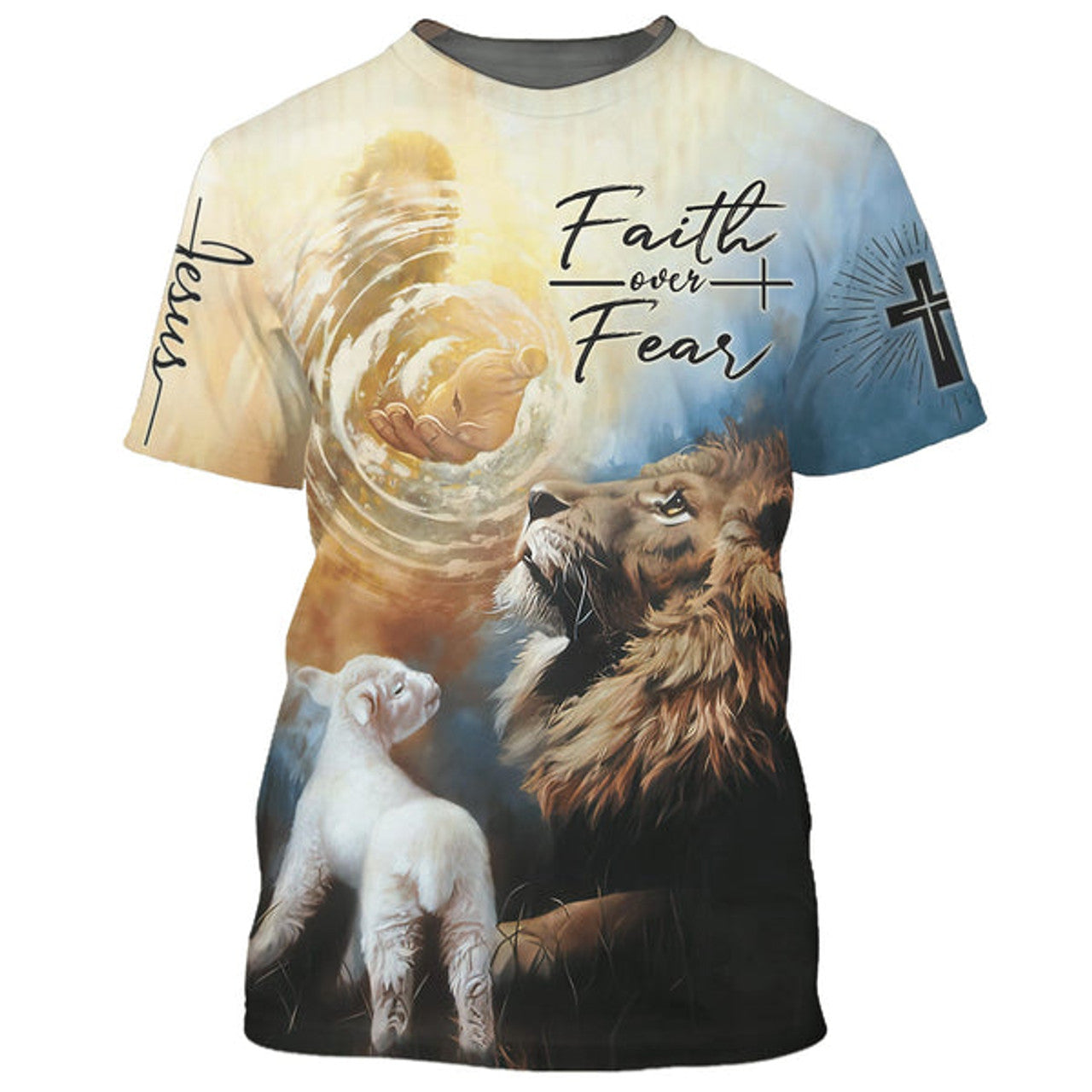 FUNSTUFFPRINT Faith Over Fear Jesus Lion Lamb 3D All Over Printed Shirt for Men and Women 3D T-shirt