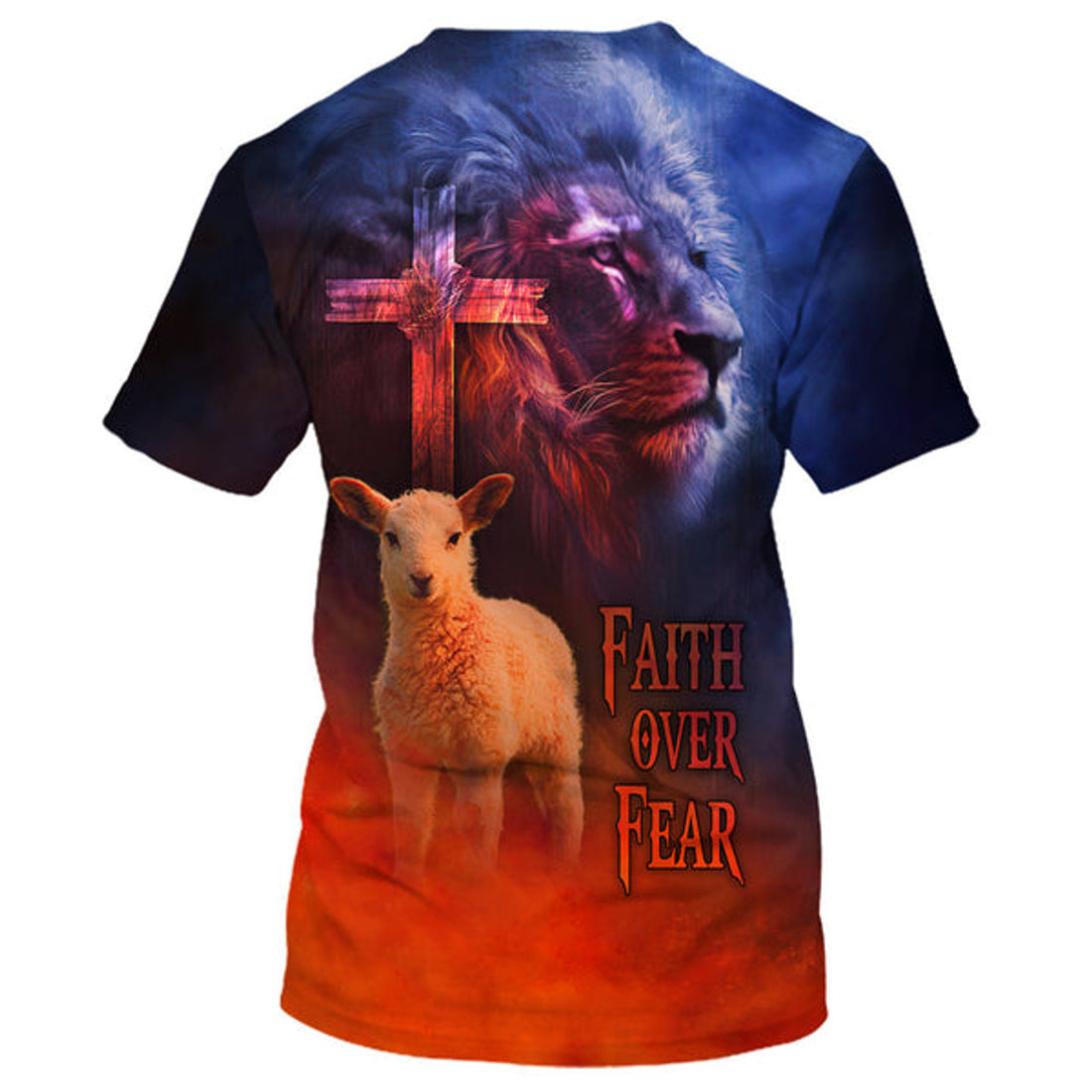 FUNSTUFFPRINT Faith Over Fear Lion And Sheep Christian 3D T-shirt
