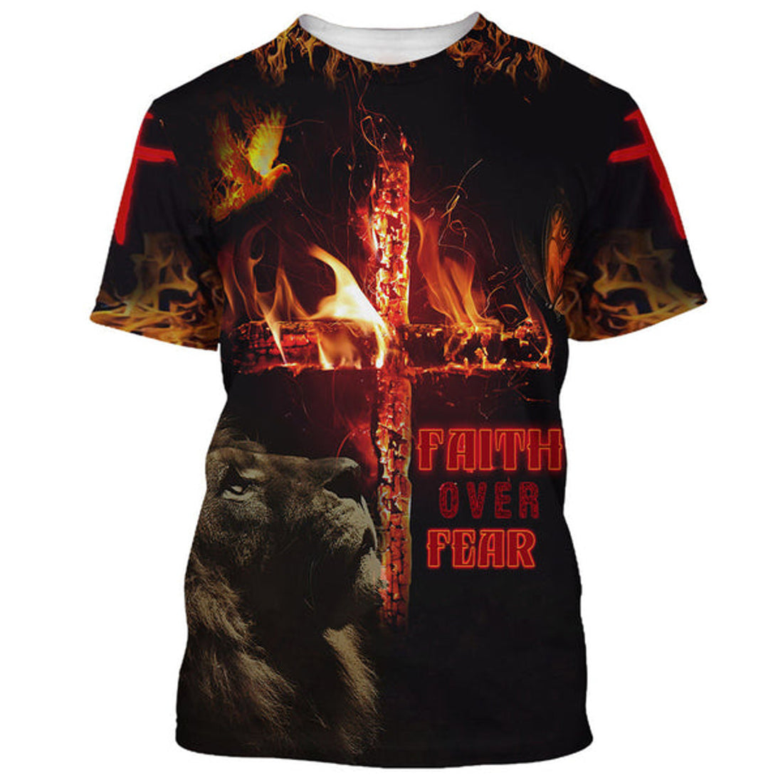 FUNSTUFFPRINT Faith Over Fear Lion Cross Christian 3D T-shirt