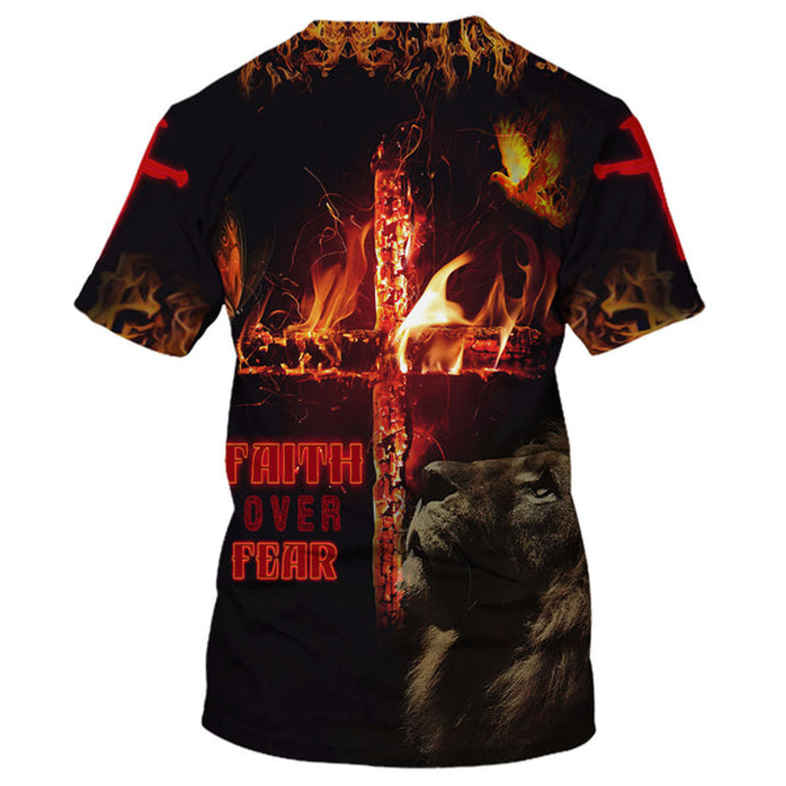 FUNSTUFFPRINT Faith Over Fear Lion Cross Christian 3D T-shirt