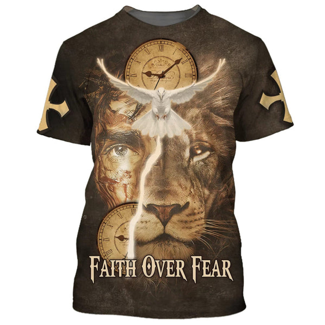 FUNSTUFFPRINT Faith Over Fear Lion Dove Christian 3D T-shirt
