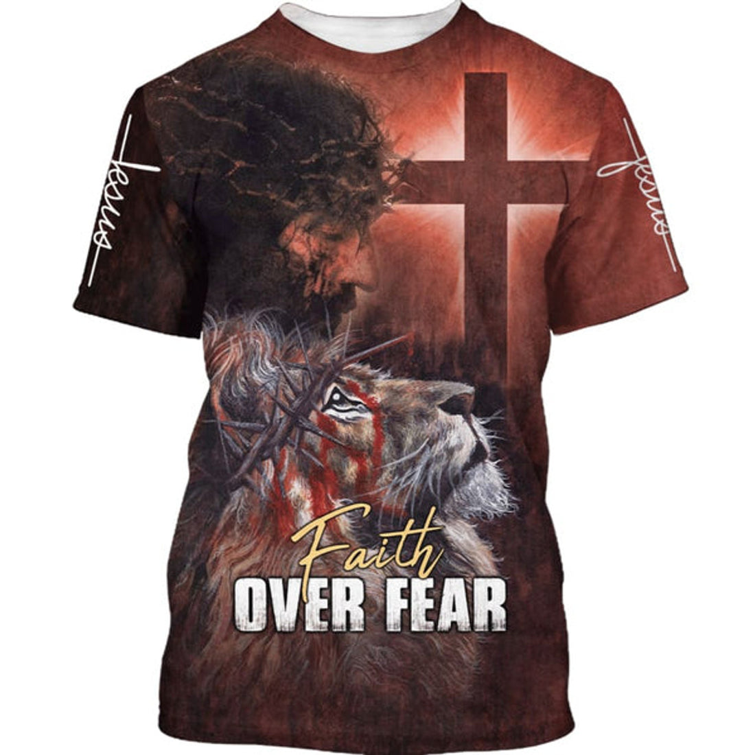 FUNSTUFFPRINT Faith Over Fear Lion Jesus Christian 3D T-shirt