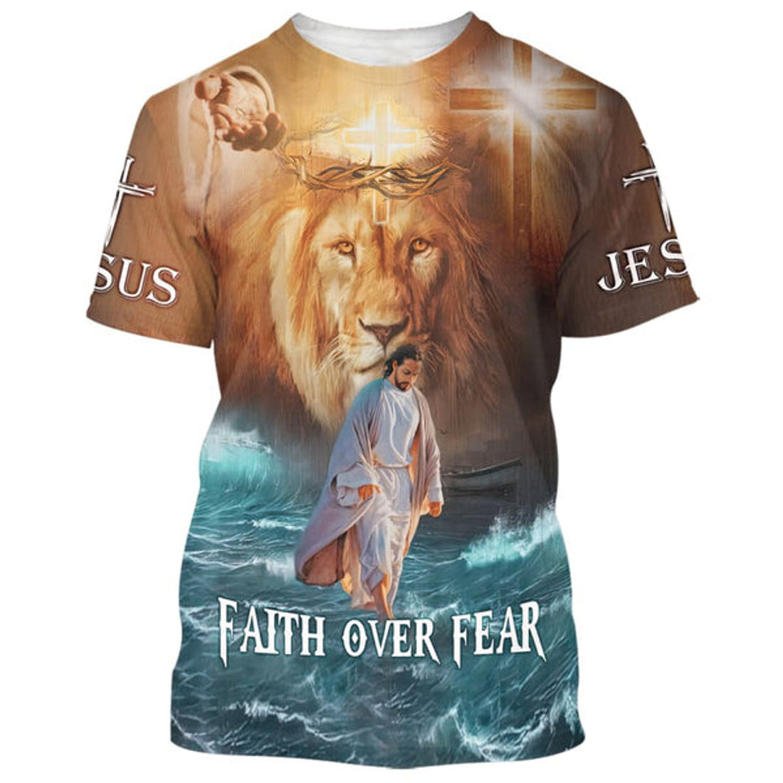 FUNSTUFFPRINT Faith Over Fear Lion Jesus Walking On The Water Christian 3D T-shirt