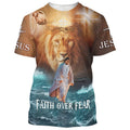 FUNSTUFFPRINT Faith Over Fear Lion Jesus Walking On The Water Christian 3D T-shirt