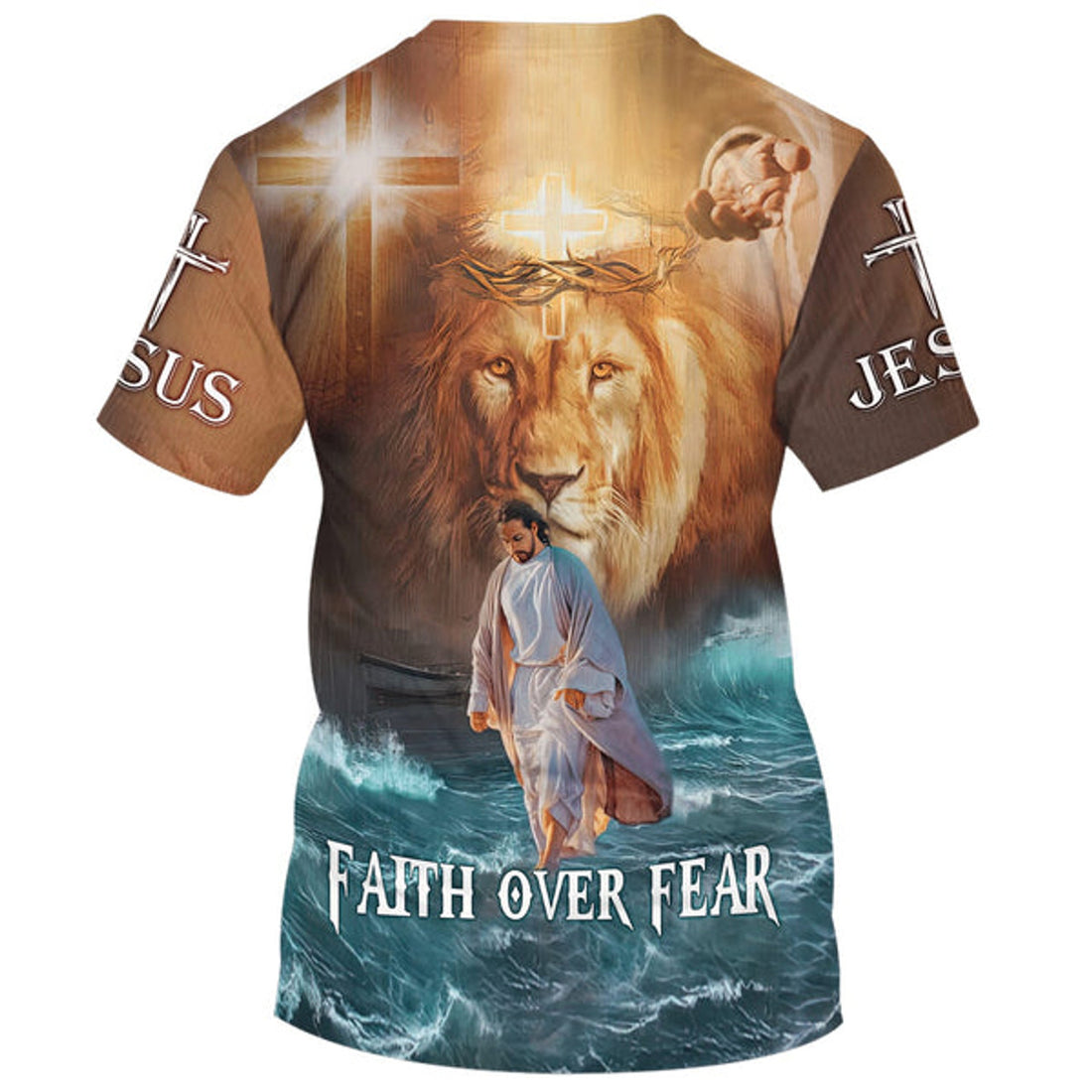 FUNSTUFFPRINT Faith Over Fear Lion Jesus Walking On The Water Christian 3D T-shirt