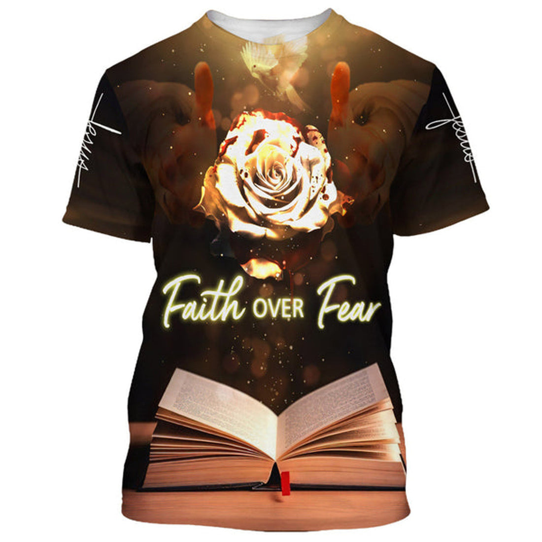 FUNSTUFFPRINT Faith Over Fear Roses Christian 3D T-shirt
