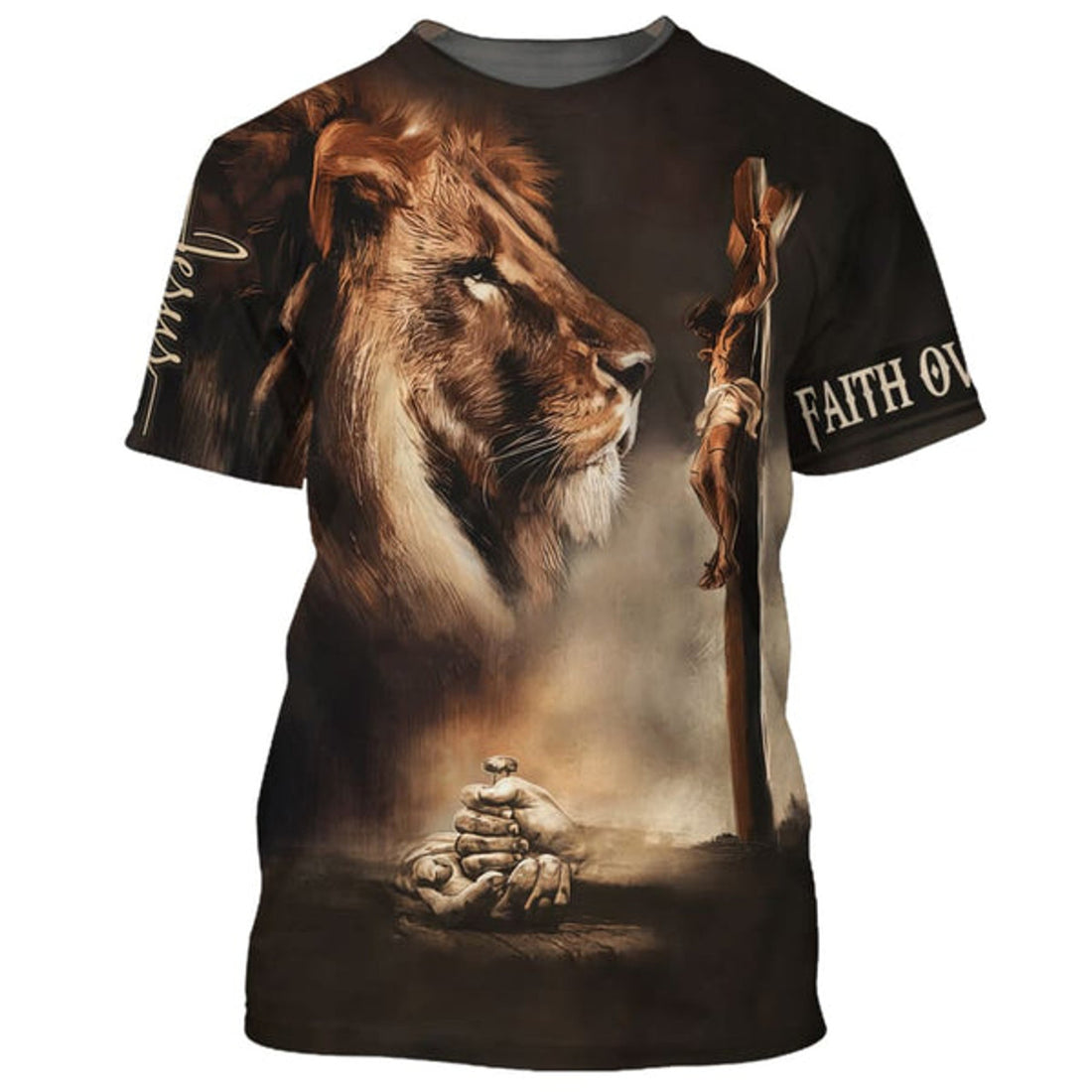 FUNSTUFFPRINT Faith Over Fear Shirts - Crucified Christ Lion Christian 3D T-shirt