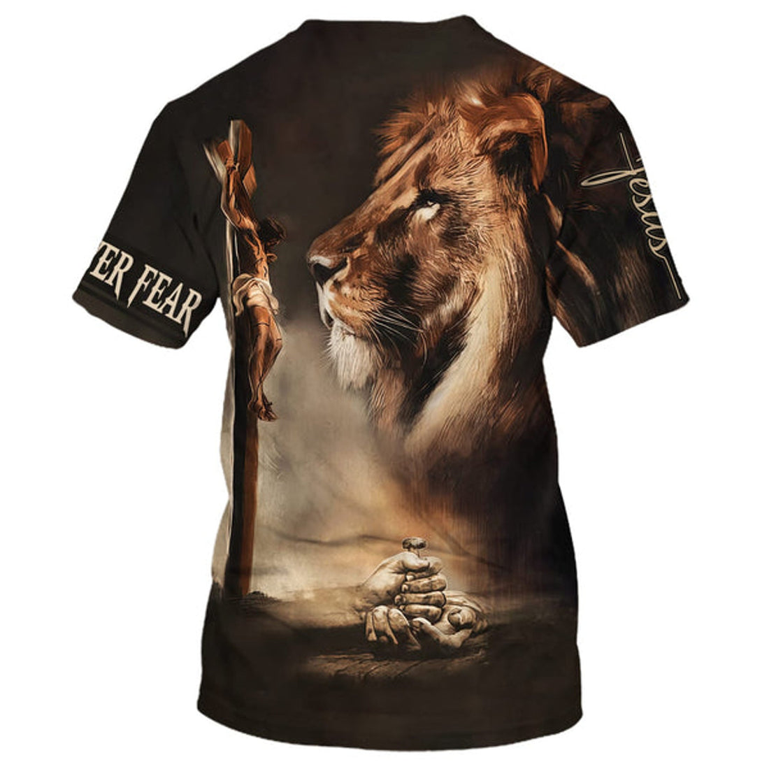 FUNSTUFFPRINT Faith Over Fear Shirts - Crucified Christ Lion Christian 3D T-shirt