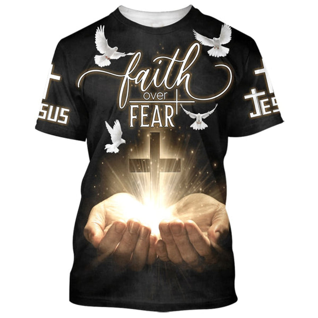 FUNSTUFFPRINT Faith Over Fear Shirts - Open Hands Holding A Cross Christian 3D T-shirt