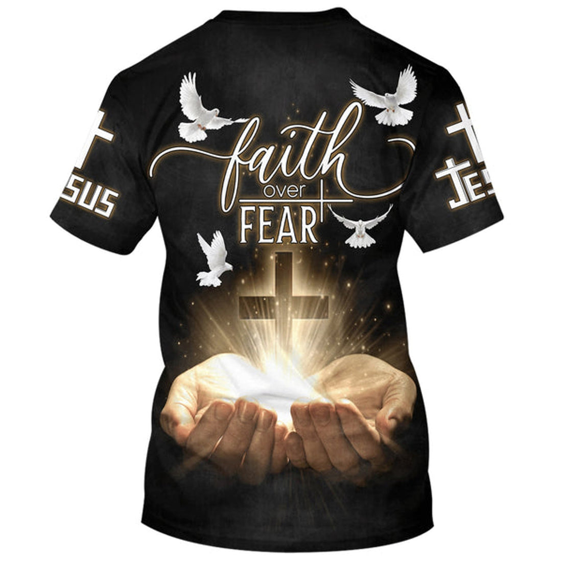 FUNSTUFFPRINT Faith Over Fear Shirts - Open Hands Holding A Cross Christian 3D T-shirt