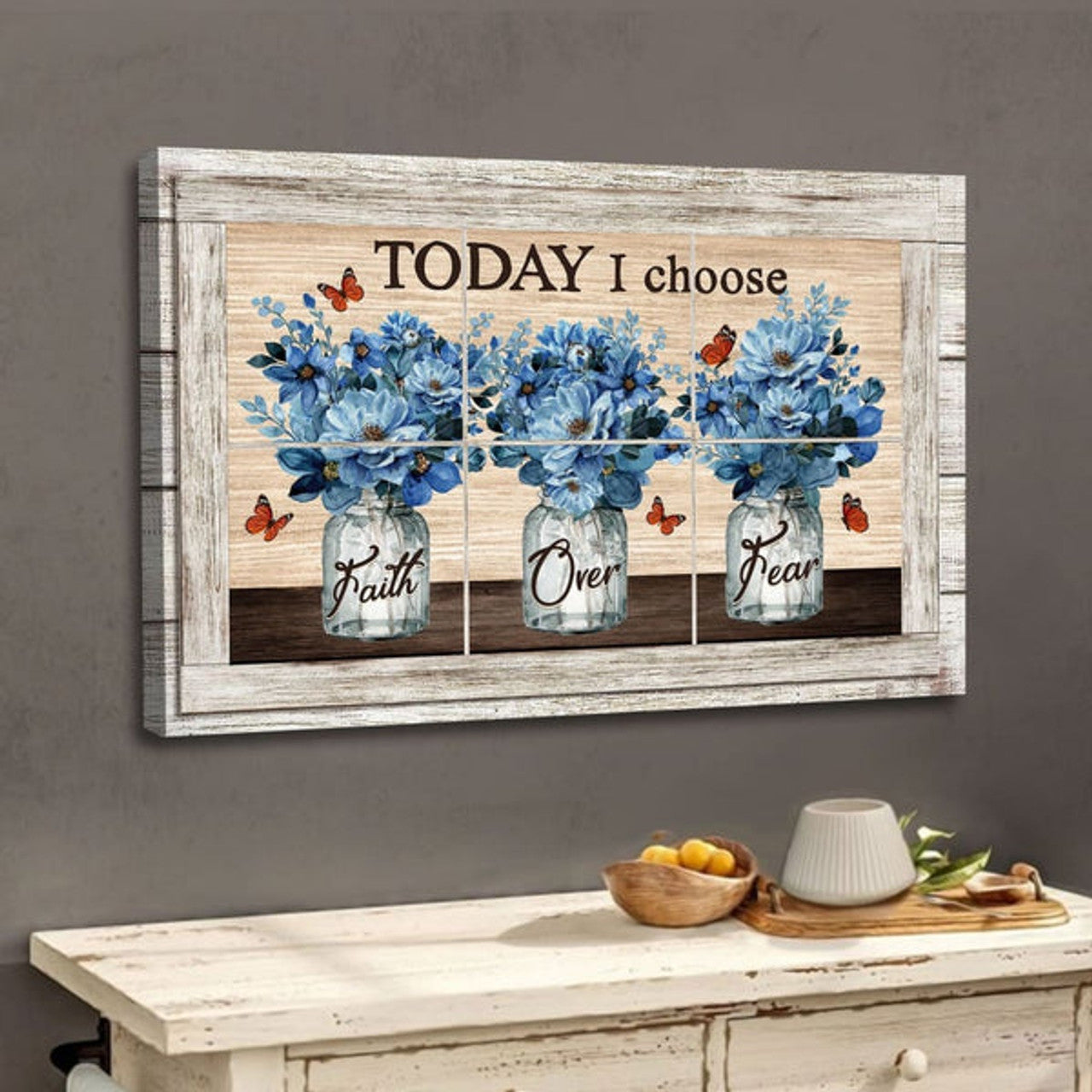 Faith Over Fear Wall Art Canvas, Butterfly Floral Christian Wall Decor - Religious Wall Decor