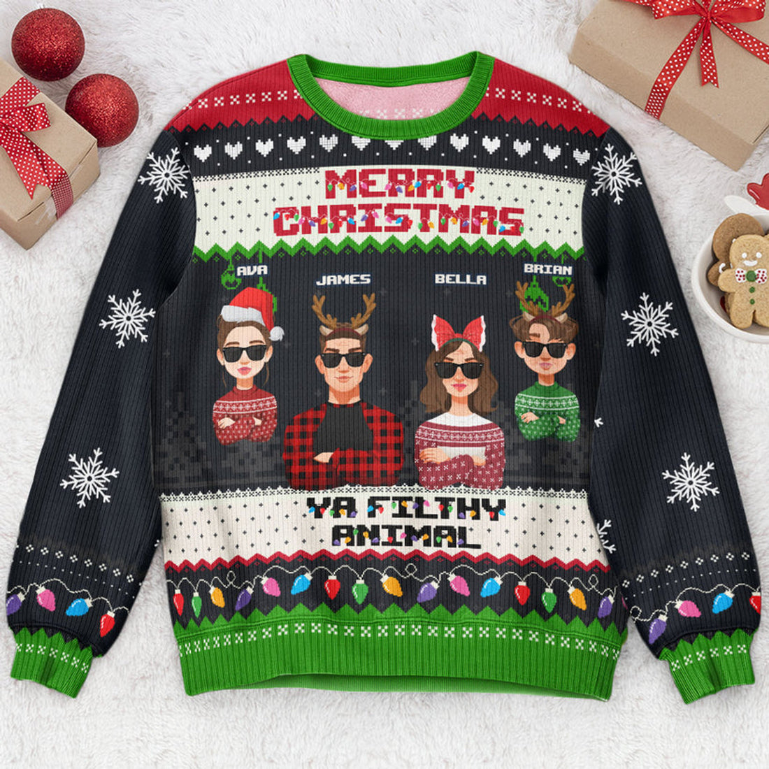 FUNSTUFFPRINT Custom Family Christmas Sweater Merry Christmas Ya Filthy Animal Ugly Sweater
